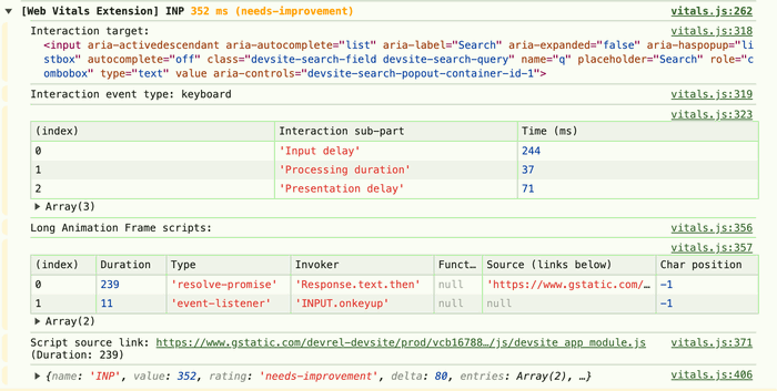 LoAF report in console of Web Vitals extension