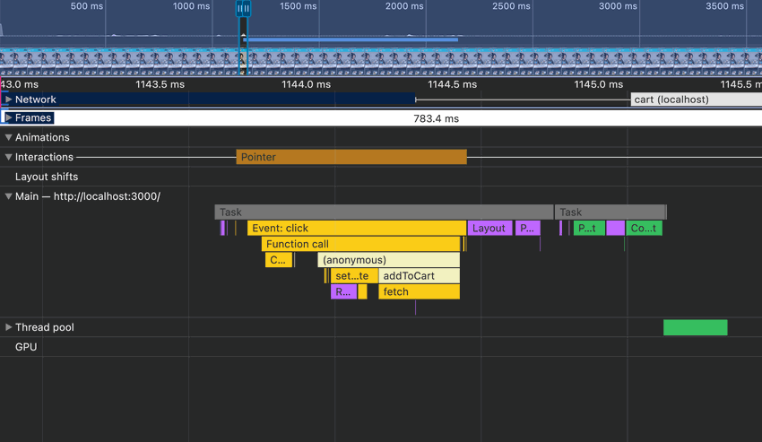 Interactions, event handling, and render cycle in Chrome DevTools Performance