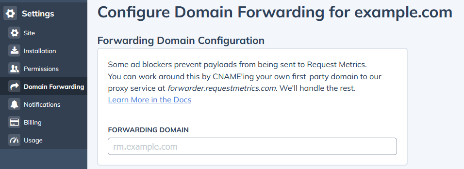 Domain Forwarding settings in the Request Metrics Dashboard