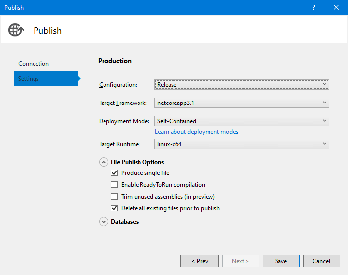 Visual Studio 2019 File System Publish Profile For Linux Executables