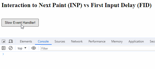 Measurement differences between Interaction to Next Paint Example and First Input Delay.